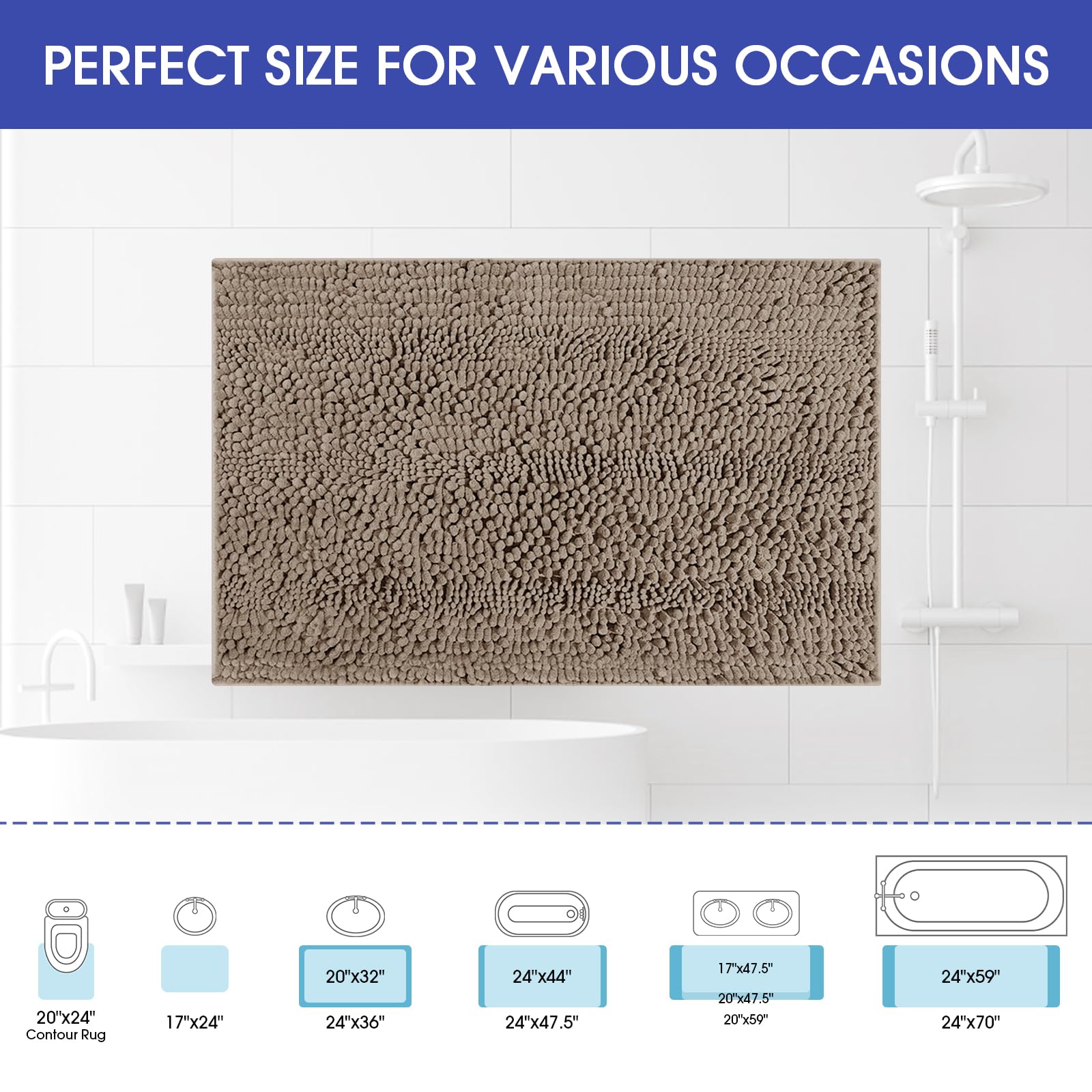 Accumtek Striped Dark Beige Bathroom Rug Mat 24''X17'' Ultra Soft, Non Slip Chenille Bath Rugs, Absorbent Plush Shaggy Bath Mats